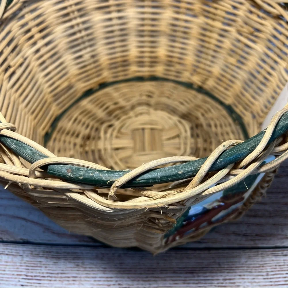 Vintage Large Oval Wicker Basket‎ Ceramic Moose & Cabin Tile Decorations Cottage